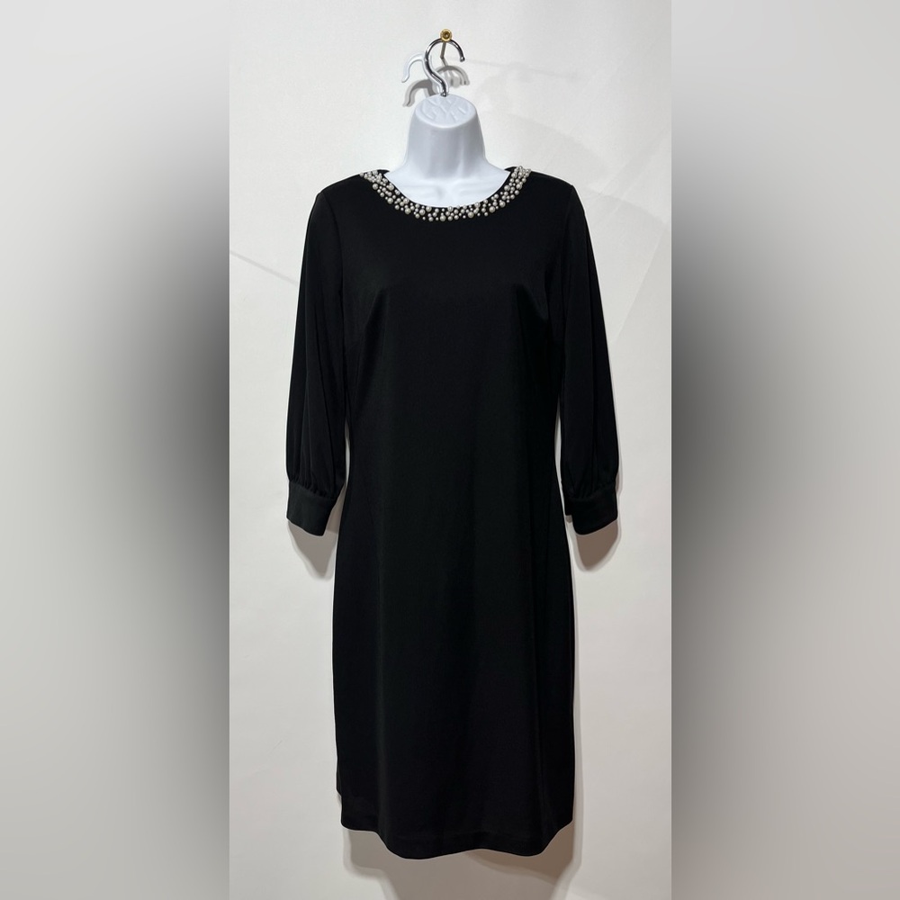 Karl Lagerfeld Elegant Black Long Sleeve Dress With‎ Pearl Detail Size 6 New
